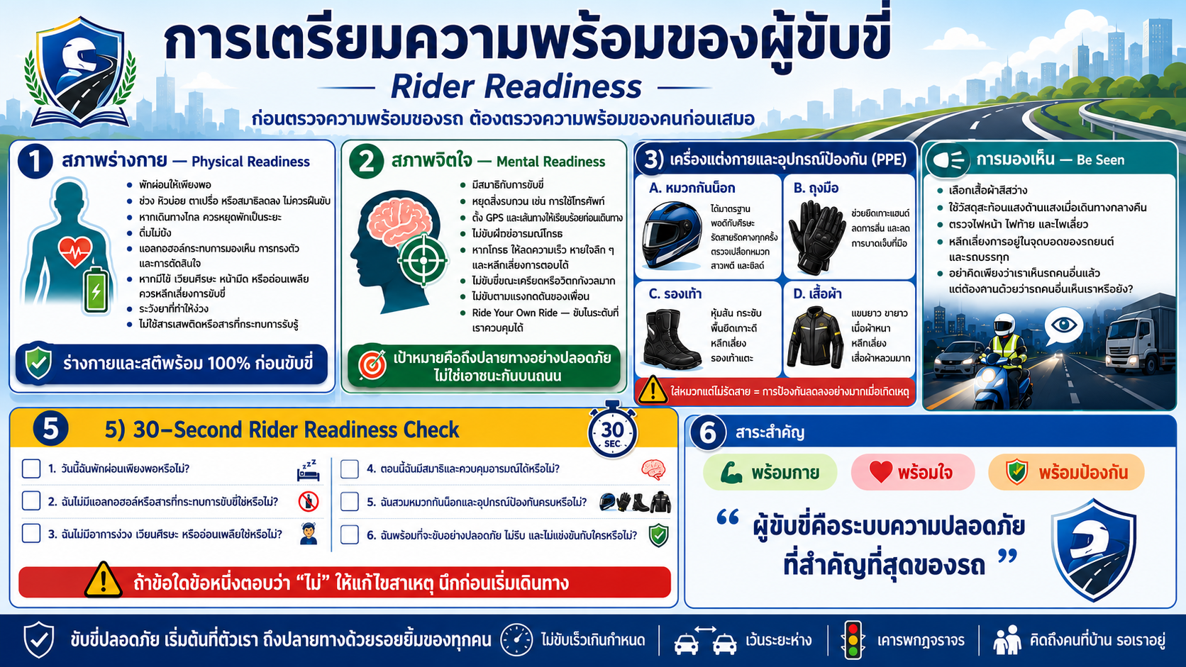อินโฟกราฟิกการเตรียมความพร้อมของผู้ขับขี่ Rider Readiness ครอบคลุมสภาพร่างกาย สภาพจิตใจ อุปกรณ์ป้องกัน การมองเห็น และเช็กลิสต์ก่อนขับขี่