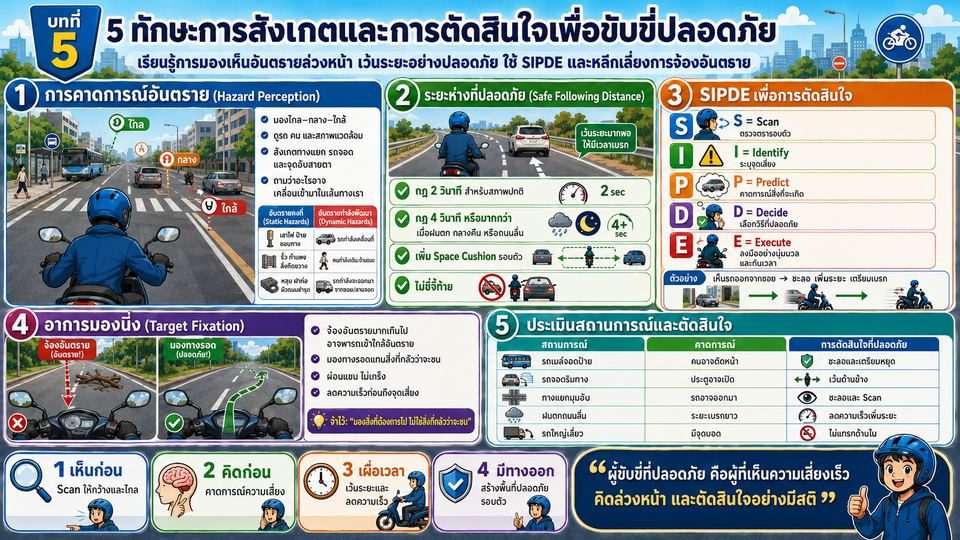 อินโฟกราฟิกบทที่ 5 ทักษะการสังเกตและการตัดสินใจเพื่อขับขี่ปลอดภัย ครอบคลุม Hazard Perception ระยะห่างที่ปลอดภัย SIPDE Target Fixation และการประเมินสถานการณ์